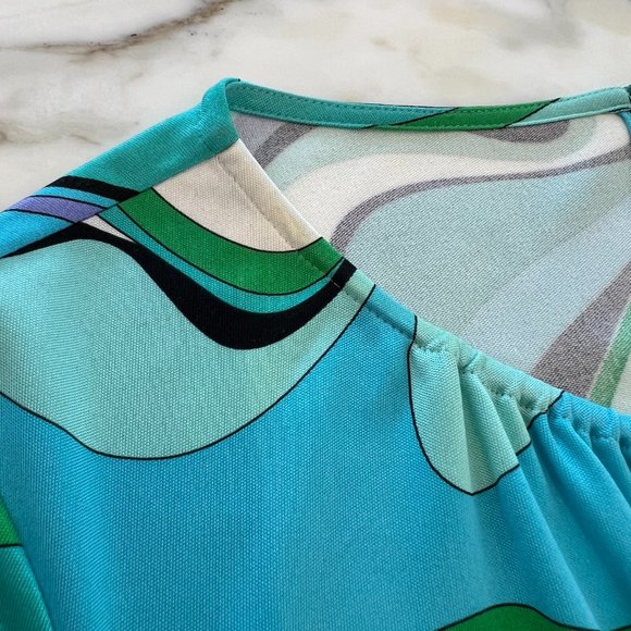 EMILIO PUCCI BLUE MULTI SILK FAUX WRAP ENAMEL BUCKLE DRESS MODEL 72RH25 SIZE IT - Picture 13 of 17